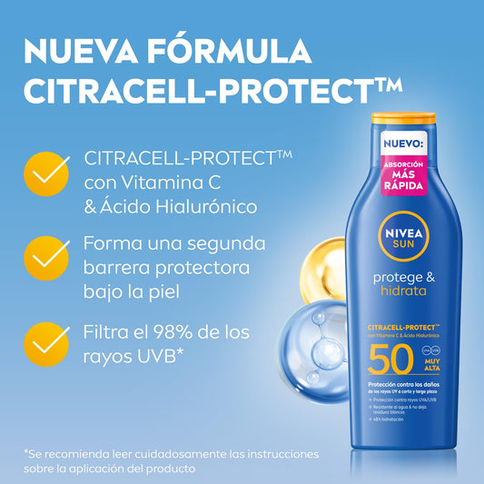 NIVEA SUN Protege & Hidrata - Leche Solar FP50+ - Protector Solar Corporal - Protección UVA/UVB - Loción Resistente al Agua - Hidratación 48h - Con Pantenol y Glicerina - Todo Tipo de Piel - 400 ml