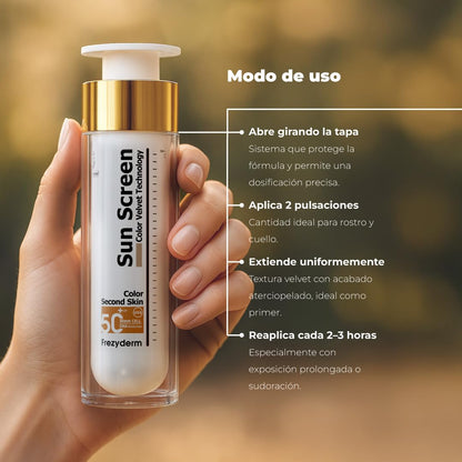 FrezyDerm Sun Screen Velvet Crema Orotectora Solar Facial SPF 50+ con color Textura Aterciopelada, Nude
