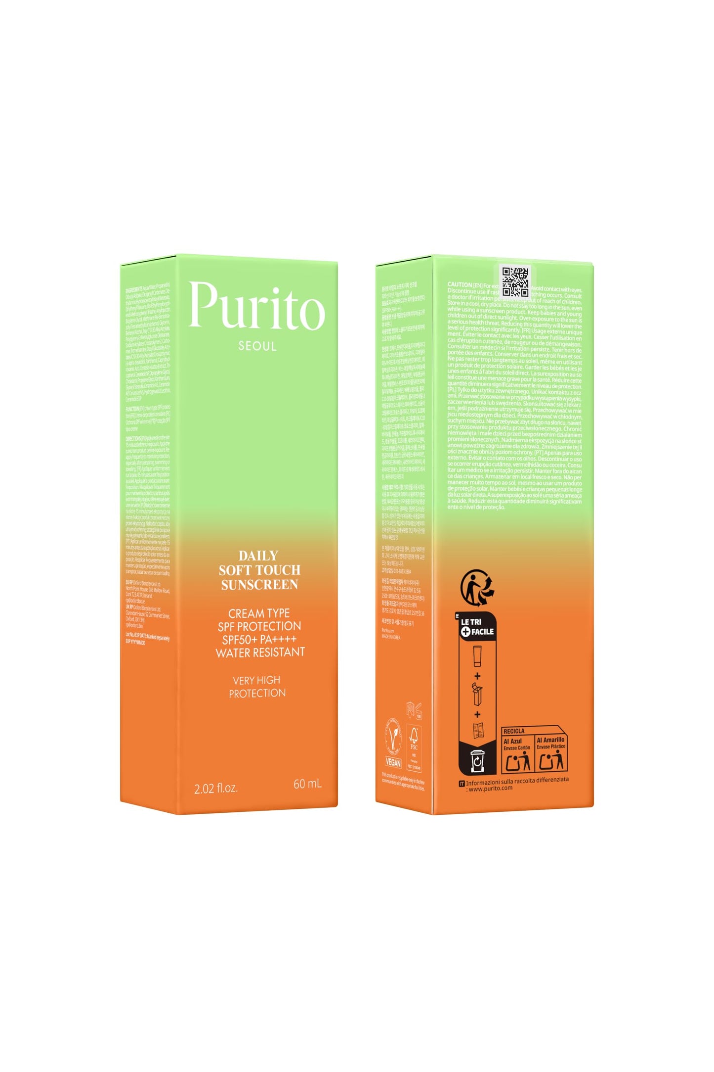 PURITO SEOUL Protector Solar Diario de Tacto Suave, SPF50+ PA++++, Ceramidas, No Blanquea, Protección UVA & UVB Resistente al Agua, K-Beauty