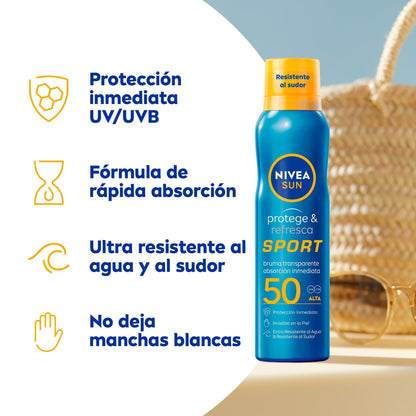 NIVEA SUN Protege & Refresca Spray Bruma Solar FP50 (1 x 200 ml), protector solar en spray transparente, bruma refrescante y resistente al agua (El empaque puede variar)