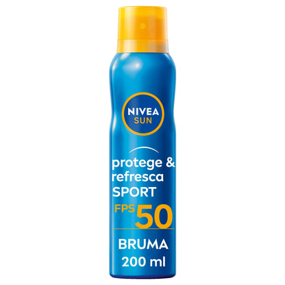 NIVEA SUN Protege & Refresca Spray Bruma Solar FP50 (1 x 200 ml), protector solar en spray transparente, bruma refrescante y resistente al agua (El empaque puede variar)