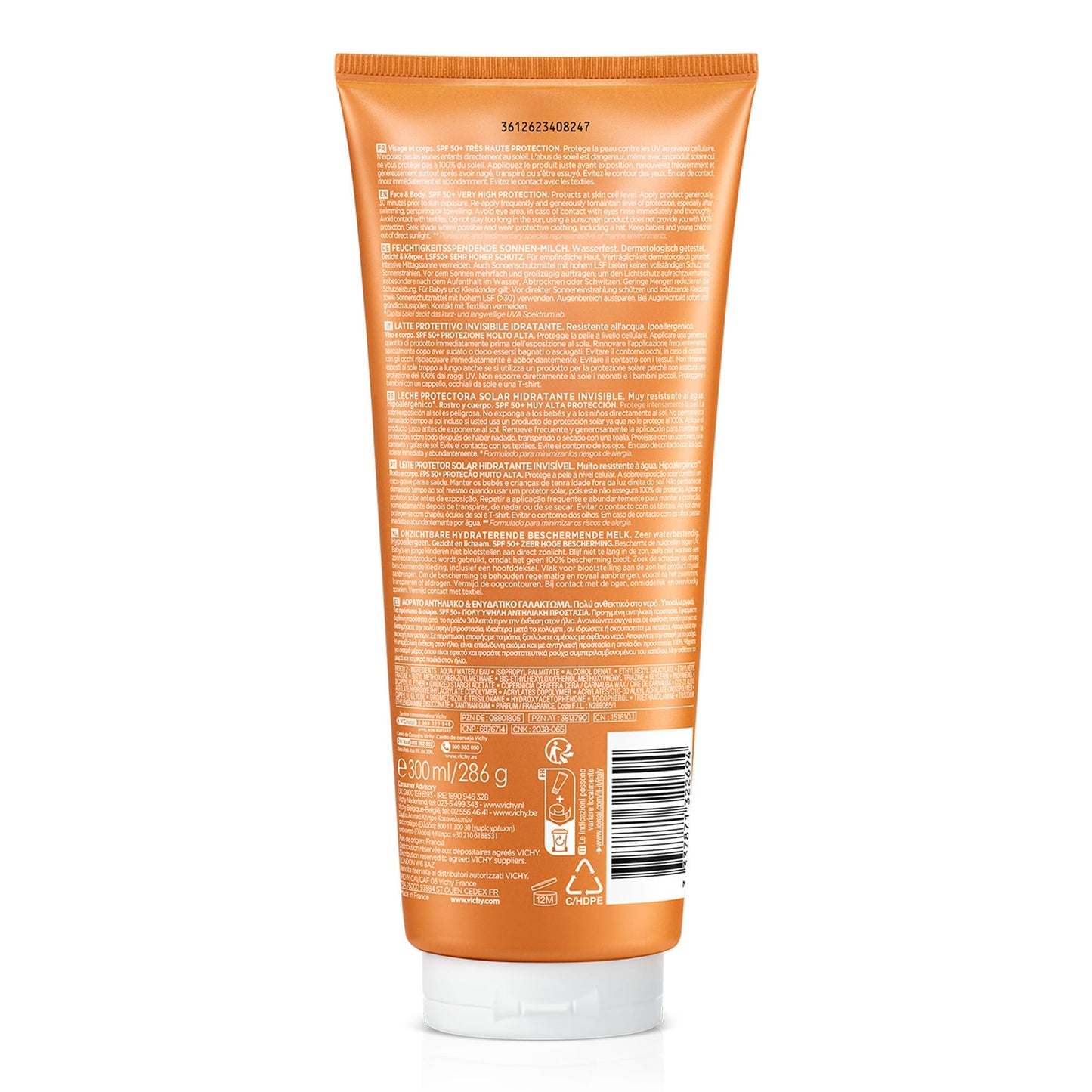 Vichy Leche Protectora e Hidratante, Pieles Sensibles, Hidratación Intensa, Fotoprotección SPF50+ Contra Rayos UVB y UVA, Formato Familiar, Capital Soleil, 300 ml