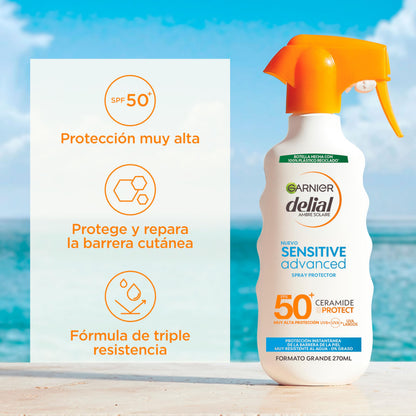 Garnier, Delial Sensitive Advanced Spray Protector FPS50+, Crema Solar Para Pieles Claras, Sensibles e Intolerantes al Sol, muy Resistente al Agua, 0% Graso, 0% Pegajoso, Formato Grande, 270ml