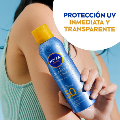 NIVEA SUN Protege & Refresca Spray Bruma Solar FP50 (1 x 200 ml), protector solar en spray transparente, bruma refrescante y resistente al agua (El empaque puede variar)